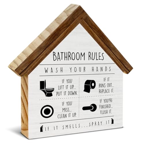 Funny Bathroom Decor, Bathroom Rules Warning House Shaped Wooden Sign, Rustic Restroom Toilet Decor for Home Farmhouse - color: bathroom