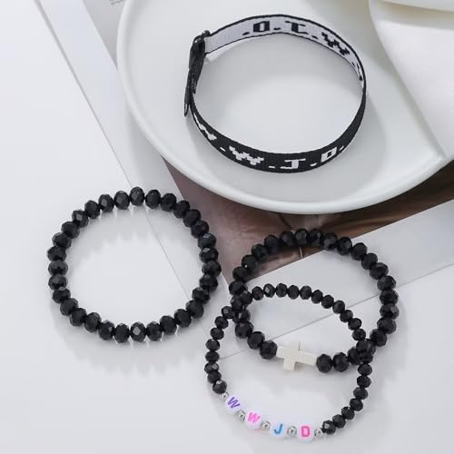 WWJD Bracelets Set WWJD Wristbands Christian Cross Bracelet Stackable Clay Bead Bracelets Stretch Glass Beaded Inspirational Christian Jewelry Gift for Couples Women Men - color: 4 Pcs Black