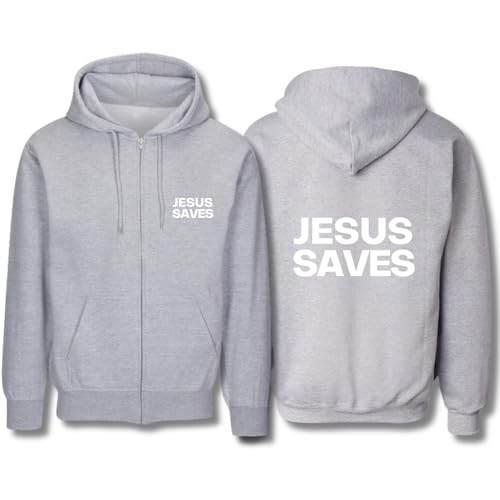 JESUS SAVES ZIP UP Hoodie, Unisex Christian Pullover Double Sided Zipup Sweatshirt with Front Pockets - color: Grey, size: Small