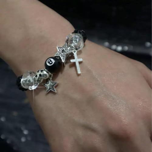 Y2k Charm Bracelet for Women Star Cross 8 Ball Leopard Beaded Bracelet - color: silver