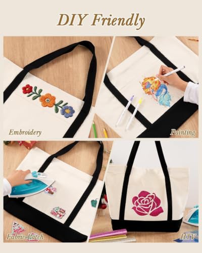 Lzerking 3 Pack Canvas Tote Bag with Zipper and External Pocket
