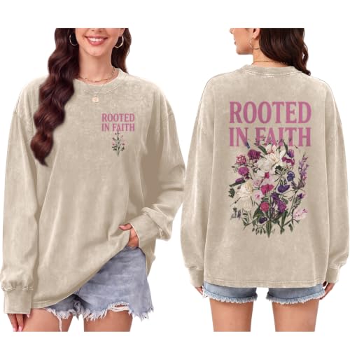Oversized Christian Long Sleeve Shirts for Women Faith Bible Verse Floral Graphic Tees Acid Wash Vintage Sweatshirts - color: Apricot, size: Large