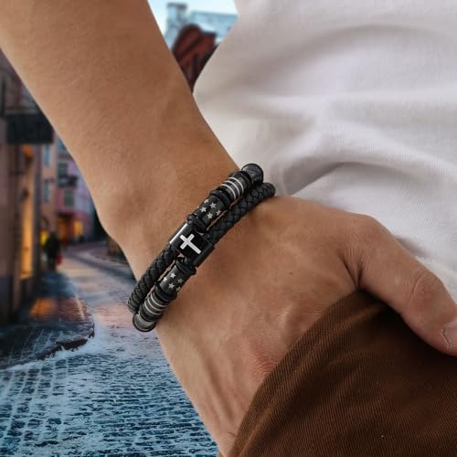 Mens Cross Bead Braided Genuine Leather Bracelet, Black Gemstone Agate Onyx Beaded Rosary Obsidian Bangle, Faith Religious Easter Catholic Christian Communion Baptism Christmas Jewelry Gift for Men - color: Black3 Size 7.5″ Joshua 1:9