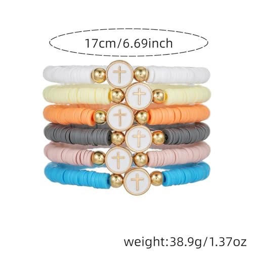 Fuqimanman2020 6 Pcs Cross Clay Beaded Bracelets Colorful Christian Cross Bracelets for Women - color: A