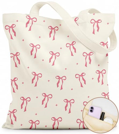 Canvas Tote Bag for Women with Zipper Cute - color: Pink Bow