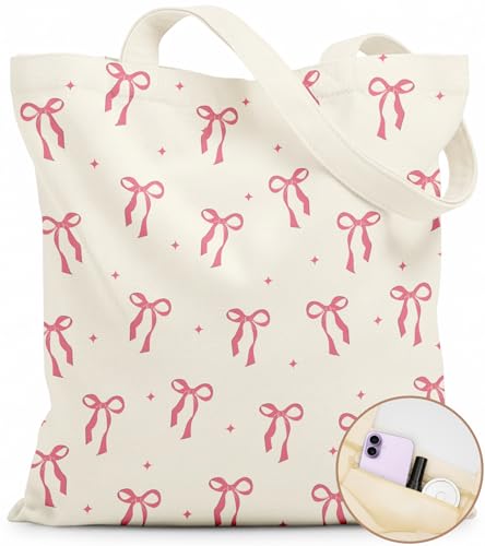 Canvas Tote Bag for Women with Zipper Cute - color: Pink Bow