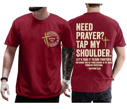 Christian Shirts for Men Women Need Prayer Tap My Shoulder Shirt Christian Religious Faith Bible Verse Cross Shirt - color: Claret, size: XX-Large