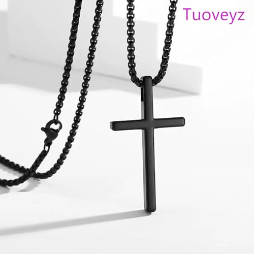 Cross Necklace for Men, Silver Black Cross Stainless Steel Pendant Necklace, Mens Necklace 18, 20, 22, 24 Inch (2Pcs)