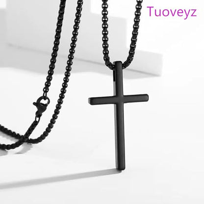 Cross Necklace for Men, Silver Black Cross Stainless Steel Pendant Necklace, Mens Necklace 18, 20, 22, 24 Inch (2Pcs)
