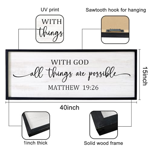 With God All Things are Possible Framed Wall Art, 40''×15'' Positive Holy Religious Rustic Bible Verse for Christian God Jesus Christ Prayer, Vintage Horizontal Inspirational Catholic Scripture Decor - color: Black Frame, style: With God All Things are Po