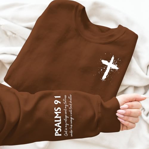 Women Christian Sweatshirt Psalms 91 Jesus Hoodie Religious Faith God Shirt Bible Verse Inspirational Pullover Tops - color: Brown, size: Medium