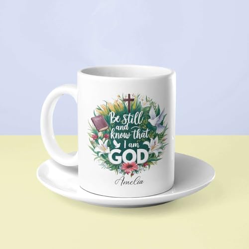 Custom Name Christian Religious Coffee Cup, Floral Wreath And Doves Design Mug, Personalized Christian Ceramic Cup 11oz 15oz, Bible Verse Accent Mug, Customized Christian Cup For Men Women - color: HOA-624-2164-THAT I AM GOD MUG