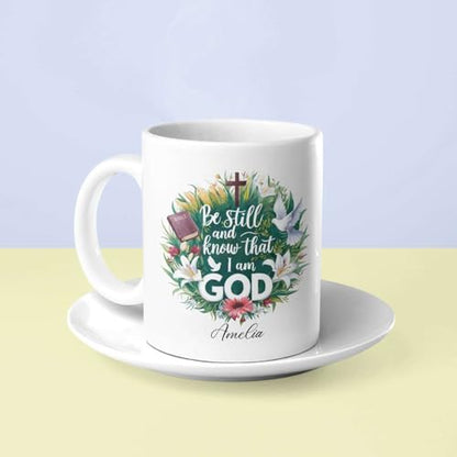 Custom Name Christian Religious Coffee Cup, Floral Wreath And Doves Design Mug, Personalized Christian Ceramic Cup 11oz 15oz, Bible Verse Accent Mug, Customized Christian Cup For Men Women - color: HOA-624-2164-THAT I AM GOD MUG