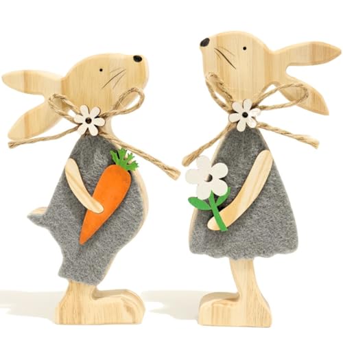 2PCS Wooden Easter Bunny Figurines, Wooden Bunny Decor for Home, Farmhouse Easter Decor, Easter Tiered Tray and Mantel Decor, Rustic Decorations for Home - color: Wooden Bunnies Figurine