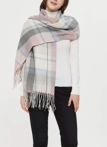 Wander Agio Women's Fashion Long Shawl Big Grid Winter Warm Lattice Large Scarf - color: Pink Grey 5
