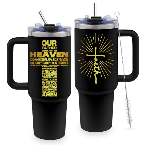 Christian Gifts for Men, Jesus 40 oz Tumbler with Handle & Straw - color: Black-Cross-NX