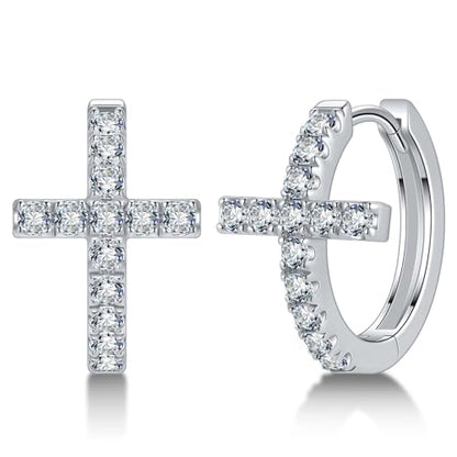 Moissanite Sterling Silver Cross Earrings for Women Huggie Drop - color: Cross Hoops (Silver)