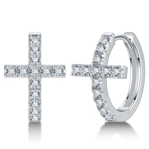 Moissanite Sterling Silver Cross Earrings for Women Huggie Drop - color: Cross Hoops (Silver)
