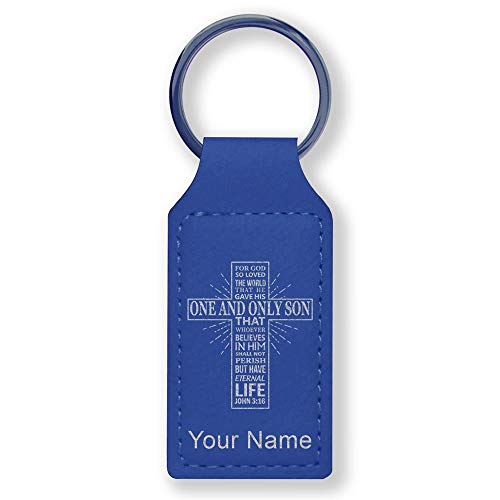 LaserGram Rectangle Keychain, Bible Verse John 3-16, Personalized Engraving Included - color: Dark Blue