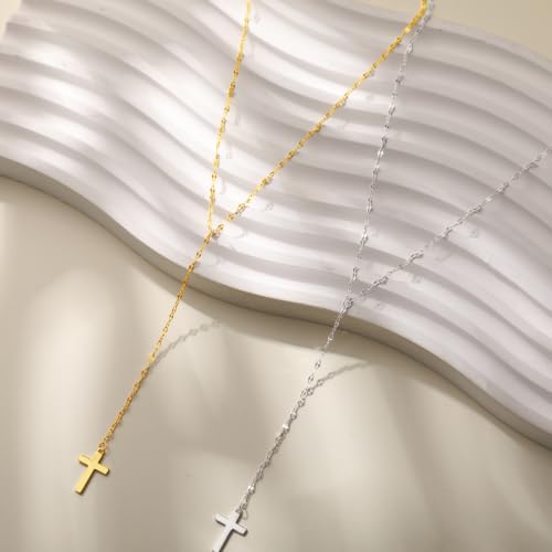 925 Sterling Silver Dainty Cross Lariat Necklace for Women - color: Silver