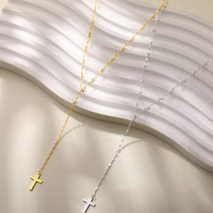 925 Sterling Silver Dainty Cross Lariat Necklace for Women - color: Silver