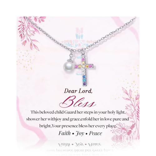 S925 Sterling Silver Cross Necklace for Girls, Baptism First Communion Confirmation Gifts, Pearl Heart Pendant Necklaces, Back to School Graduation Easter Birthday Faith Gift Age: Over 8 Years Old - style: Pearl Rainbow CZ Cross