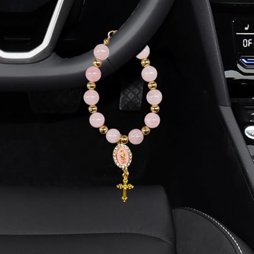 Rosary Car Steering Wheel Rosary Charm, Alloy Cross Religious Rear View Mirror Charm, Personalized Car Mirror Hanging Accessories for Most Cars (Pink) - size: Pink