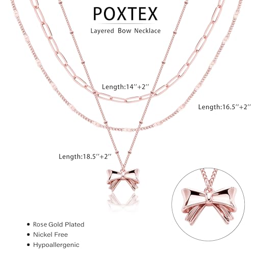Poxtex Layered Gold Necklaces for Women, Stackable Dainty 14K Gold Silver Plated Trendy Simple Heart Diamond Cross Bow Circle Pendant Paperclip Choker Dot Chain Necklace,Jewelry Set Gifts for Women - color: Rose Gold, style: Bow1