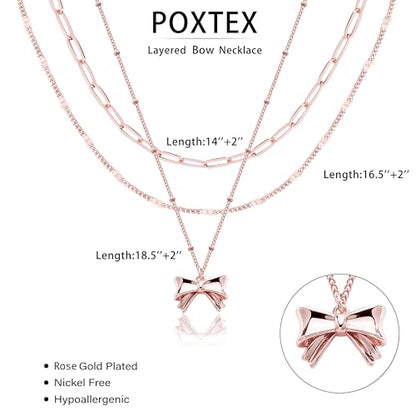 Poxtex Layered Gold Necklaces for Women, Stackable Dainty 14K Gold Silver Plated Trendy Simple Heart Diamond Cross Bow Circle Pendant Paperclip Choker Dot Chain Necklace,Jewelry Set Gifts for Women - color: Rose Gold, style: Bow1