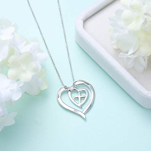 S925 Sterling Silver Christian Cross Heart Faith Bible Verse Necklace Rings - style: God is within her she will not fall.