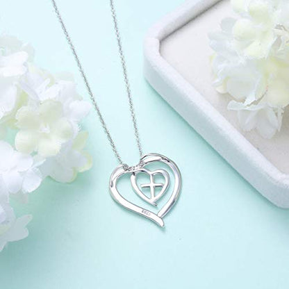 S925 Sterling Silver Christian Cross Heart Faith Bible Verse Necklace Rings - style: God is within her she will not fall.