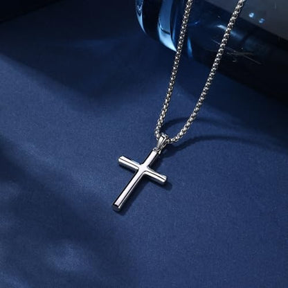 Small Dainty Cross Pendant Necklace 925 Sterling Silver for Women with 18", 20" Sturdy Chain 14K White Gold Plated - size: 20" Chain, style: Columnar