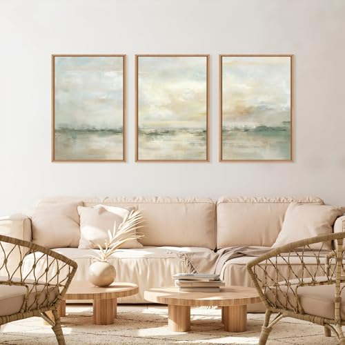 LHIUEM Large Abstract Green Gray Pastel Framed Canvas Wall Art,Neutral Landscape Wall Decor,Modern Watercolor Lake Artwork,Beige Textured Illustrations Art for Living Room,Bedroom,Office- 16"x24"x3 - color: Neutral Green Wall Art, size: 24"L x 16"W