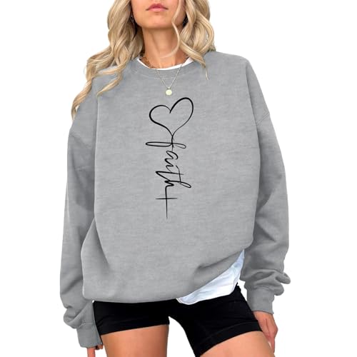 KIEKIECOO Faith Christian Sweatshirts for Women Religious Crewneck Sweatshirt Letter Print Fall Pullover Long Sleeve Tops - color: Light Gray, size: Medium