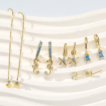 Gold Earrings Set for Women 14K Gold Plated Cubic Zirconia Love Heart Bowknot Clover Fruit Flower Insect Ocean Cross Huggie Hoop Earrings Stud Earrings Set for Multiple Piercing Party Jewelry Gifts - style: Seashell and Starfish