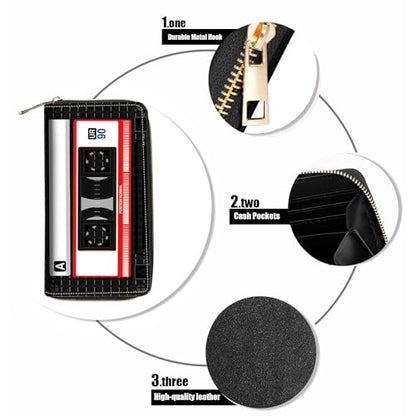 90s Music Cassette Print Wallet for Women Large Capacity Wallet Credit Card Holder PU Leather Zipper Clutch Purse Phone Wallet - color: 90s Music Cassette