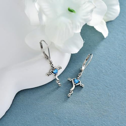 TOUPOP Cross Birthstone Earrings 925 Sterling Silver Heart Cross Dangle Earrings Fine Jewelry Christmas Birthday Gifts for Women Wife Mom Her - color: White Gold-12-December-Topaz