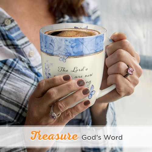 Christian Art Gifts Blue Butterfly Ceramic Coffee Mug – 12 oz. Microwave & Dishwasher-safe Inspirational Scripture Coffee & Tea Mug for Women with Bible Verse: The Lord's Mercies –Lamentations 3:22-23 - color: White & Blue Butterfly/Mercies are New