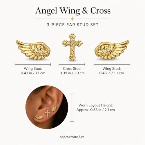 Angel Wing Stud Earrings for Women Crystal Cross Screw Back Wings Earrings Piercing Jewelry - color: 3pcs Gold