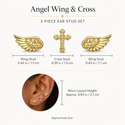 Angel Wing Stud Earrings for Women Crystal Cross Screw Back Wings Earrings Piercing Jewelry - color: 3pcs Gold