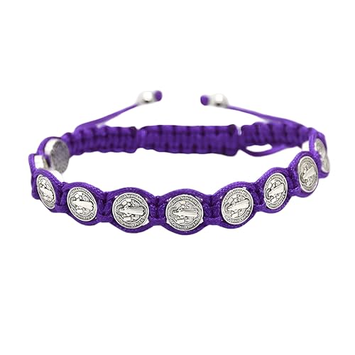 925 Sterling Silver San Benito Bracelet For Women And Men, Catholic Multicolor Bracelet St. Benedict Medal Hand Knitted Knot Coin Beaded Adjustable Religious Prayer Faith - color: Purple - San Benito Bracelet