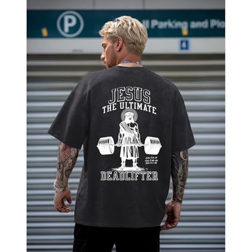 Mens Oversized Christian Shirts Jesus Faith Shirt Funny Gym Graphic Tees God Religious Bible Verse Acid Wash Tshirts - color: Black, size: Medium