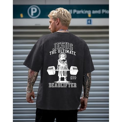 Mens Oversized Christian Shirts Jesus Faith Shirt Funny Gym Graphic Tees God Religious Bible Verse Acid Wash Tshirts - color: Black, size: Medium