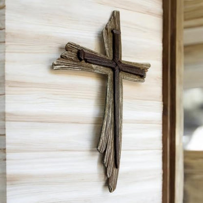 Top Brass Rustic 3-Nail Wall Cross – 12 ½” Resin Christian Cross with Weathered Wood Look and Symbolic Nails of Christ’s Crucifixion – Religious Jesus Crucifix Art