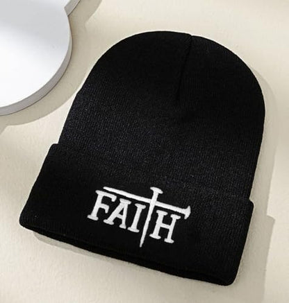 Christian Jesus Cross Beanie - Faith Winter Beanie Hats for Men Women - Religious Gifts for Christmas & New Years - color: Faith-white Cross