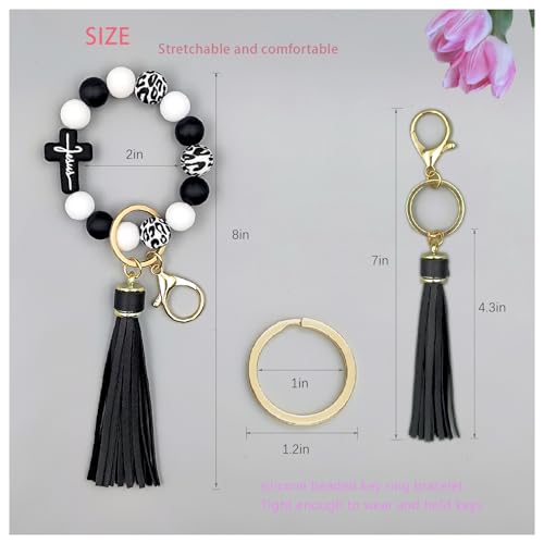 SHINYHARBOR Silicone Beaded Wristlet Keychain Bracelet,Key Wrist Keychains for Women Mom Teachers Best Friend - color: Cross-black&white