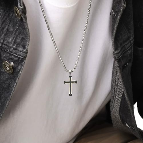 Cross Necklace for Men, Stainless Steel Black/Silver Cross Pendant Religious Necklace Christian Jewelry Chain 60 cm/23.6 inches - color: Silver & Black