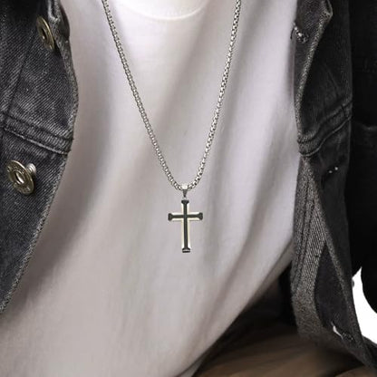 Cross Necklace for Men, Stainless Steel Black/Silver Cross Pendant Religious Necklace Christian Jewelry Chain 60 cm/23.6 inches - color: Silver & Black