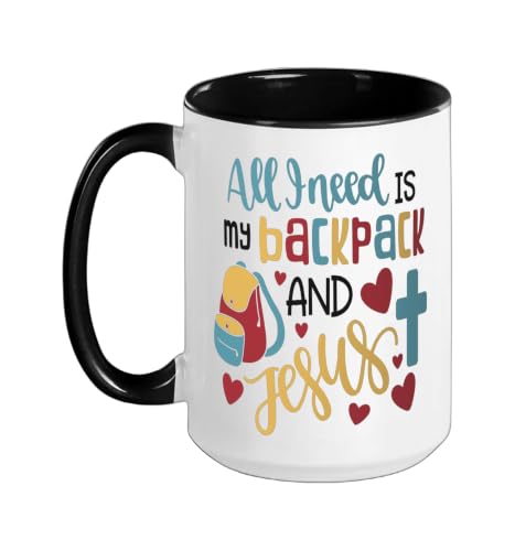 All I Need Is My Backpack and Jesus School Christian Kids Ceramic Mug, Black/White, 15oz - color: Black/White, size: 15 Ounces