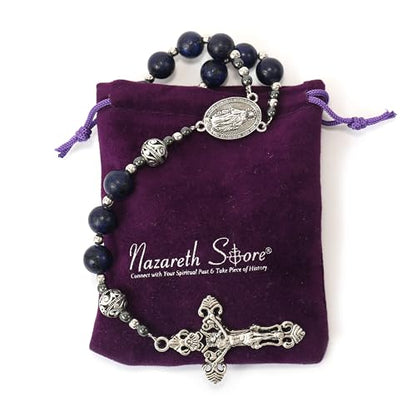Nazareth Store Genuine Rosary Stone Beads Necklace Metal Beaded Glory Beads Miraculous Medal & Silver Cross Crucifix For Men and Womens - color: Blue Lapis Lazuli